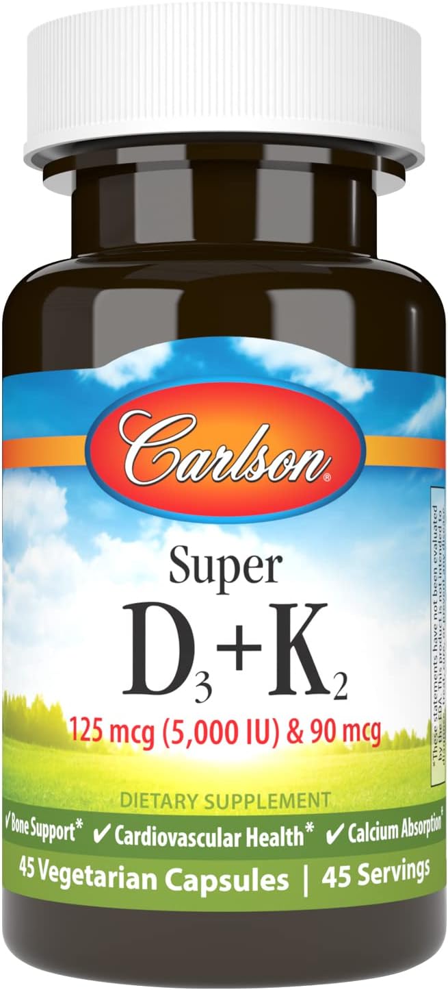 Carlson Super D3 + K2 - 5000 UI Vitamina D3 y 90 mcg Vitamina K2 MK-7 - 90 Cápsulas Vegetarianas