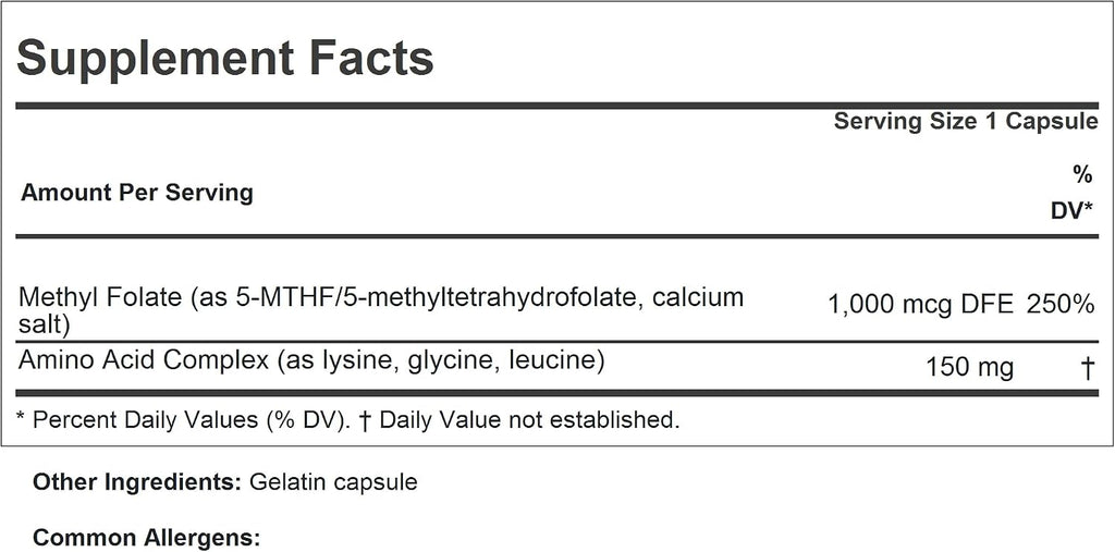 ANDREW LESSMAN Metilfolato 1000 mcg - 120 Cápsulas - Metilfolato Activo 5-MTHF - Complemento Alimenticio de Vitamina B9
