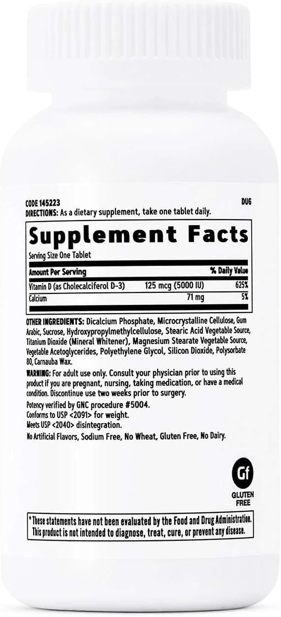 GNC Vitamina D3 125mcg (5000 UI) Suplemento, Apoya la Salud de Dientes y Huesos, 180 Cápsulas Blandas