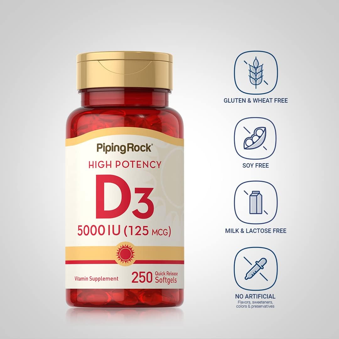 Piping Rock Vitamina D3 5000 UI | 250 Cápsulas Blandas | Complemento Alimenticio de Alta Potencia | No OMG, Sin Gluten