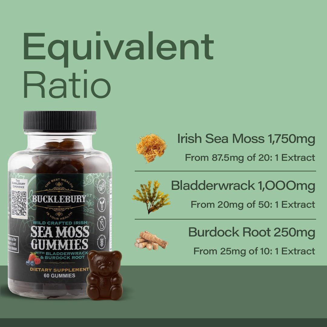 BUCKLEBURY Gominolas de Sea Moss Irlandés con Bladderwrack y Burdock Root - Complemento Alimenticio Vegano - 60 Gominolas