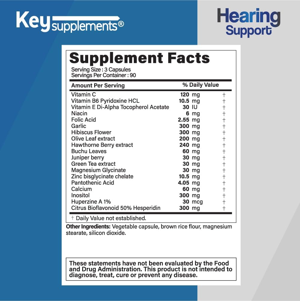 Key Supplements Hearing Support 90 Cápsulas, Alivio para el Tinnitus y Zumbidos