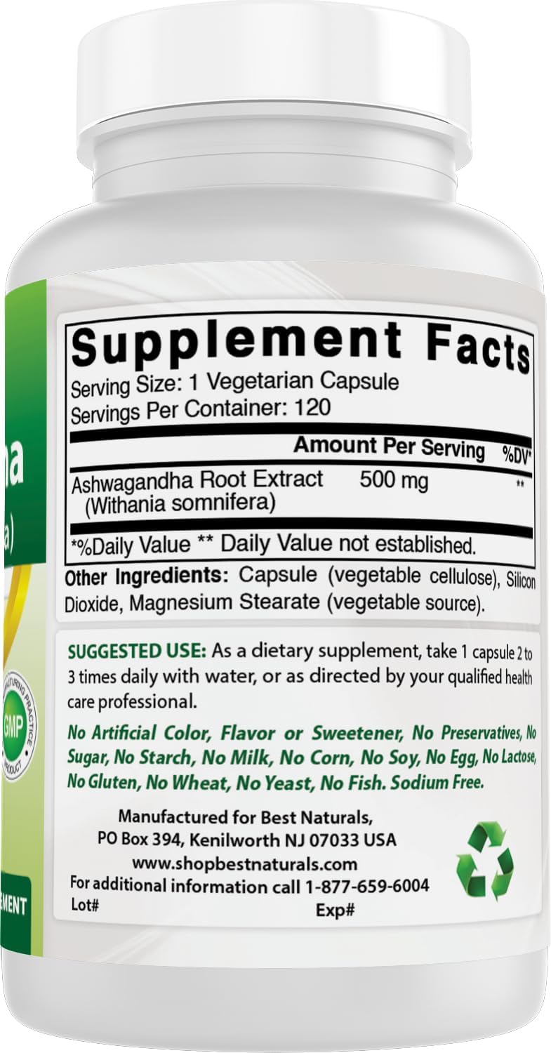 Best Naturals Extracto de Ashwagandha 500 mg - 120 Cápsulas (Pack de 2)