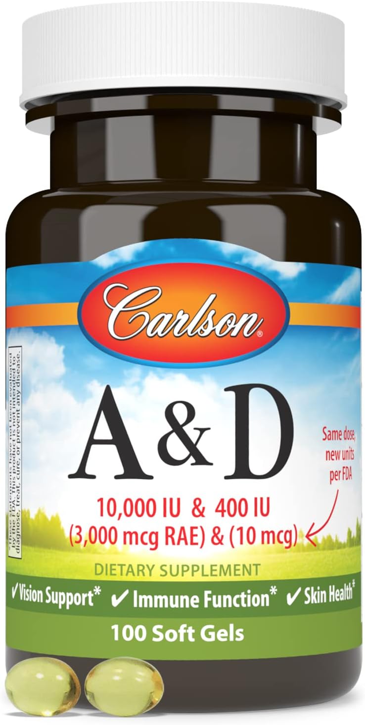 Carlson A y D - 10000 UI Vitamina A, 400 UI Vitamina D3, 100 Perlas Blandas