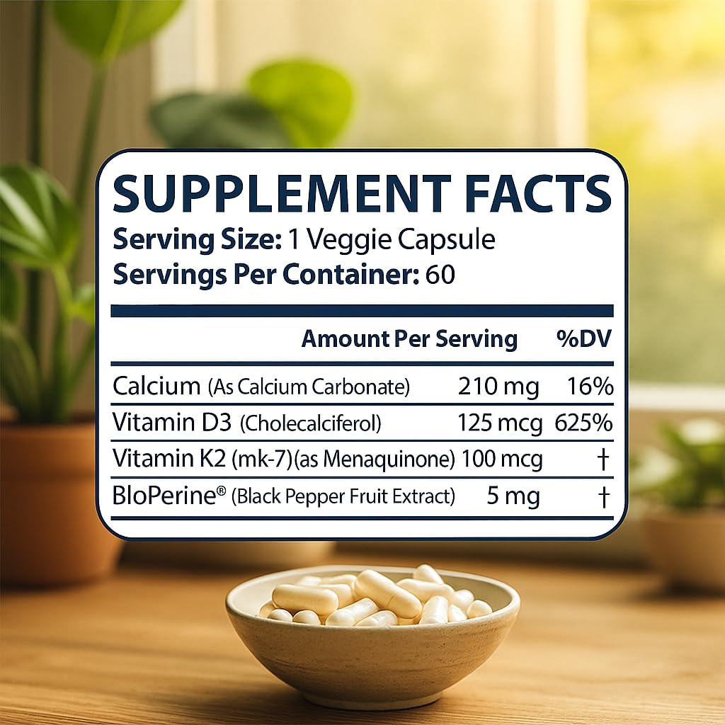 Me First Living Vitamina D3 + K2 MK-7, 125 mcg D3 y 100 mcg K2, con Calcio y BioPerine, Cápsulas Vegetales