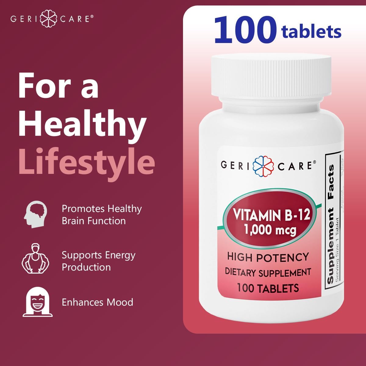 GeriCare Vitamina B12 1000mcg - 100 Comprimidos para Energía y Sistema Nervioso