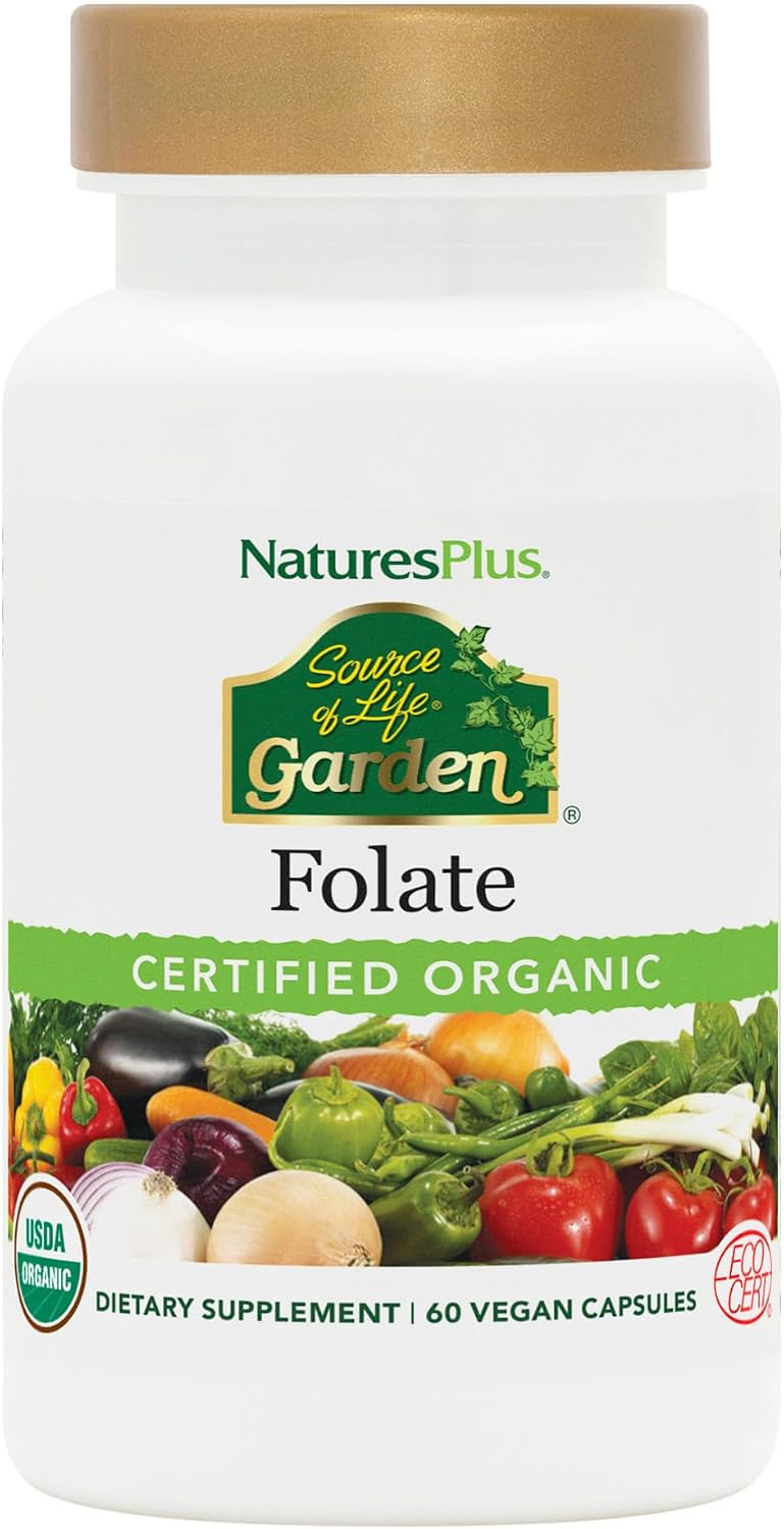 NaturesPlus Source of Life Garden Folate - 60 Cápsulas - Promueve la Salud Prenatal y el Desarrollo Fetal - Apoyo Inmunológico y Muscular - No GMO, Certificado Orgánico USDA, Vegano, Sin Gluten - 60 Servicios