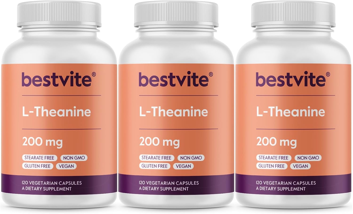 BESTVITE L-Theanine 200mg (360 Cápsulas Vegetarianas) - Sin Estearatos - Vegano - No GMO - Sin Gluten