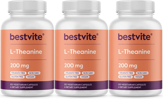 BESTVITE L-Theanine 200mg (360 Cápsulas Vegetarianas) - Sin Estearatos - Vegano - No GMO - Sin Gluten