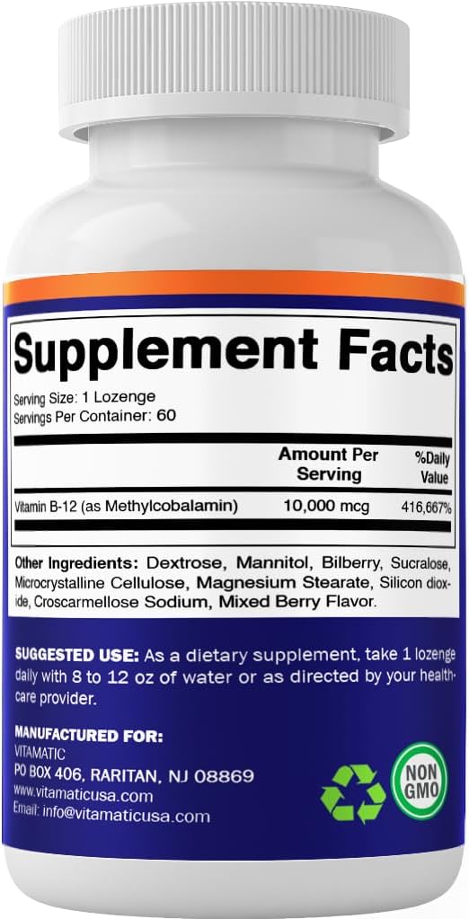 Vitamatic Metilcobalamina B12 10.000 mcg – 60 Comprimidos – Fuente Superior de Vitamina B12 para Energía y Salud Nerviosa