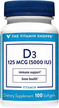Vitamina D3 5000 UI - The Vitamin Shoppe | 100 Cápsulas Blandas | Sin Gluten