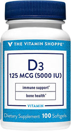 Vitamina D3 5000 UI - The Vitamin Shoppe | 100 Cápsulas Blandas | Sin Gluten