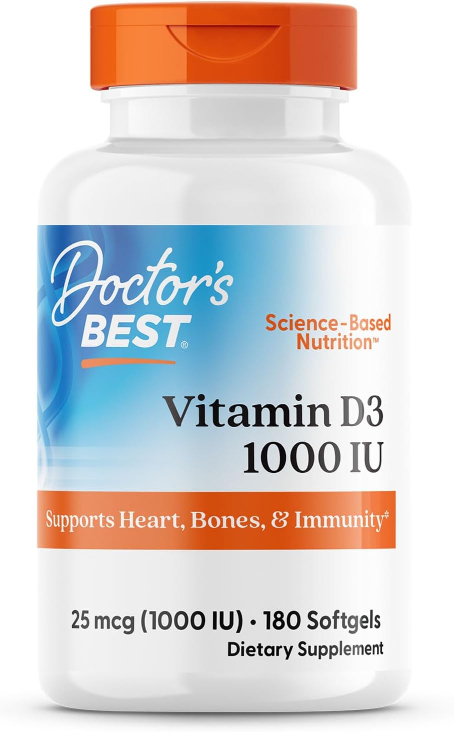 Doctor's Best Vitamina D3 1000 UI, 180 Cápsulas Blandas - Suplemento de Vitamina D para el Sistema Inmunológico y Huesos