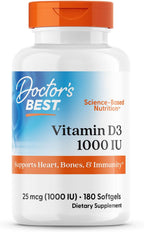 Doctor's Best Vitamina D3 1000 UI, 180 Cápsulas Blandas - Suplemento de Vitamina D para el Sistema Inmunológico y Huesos
