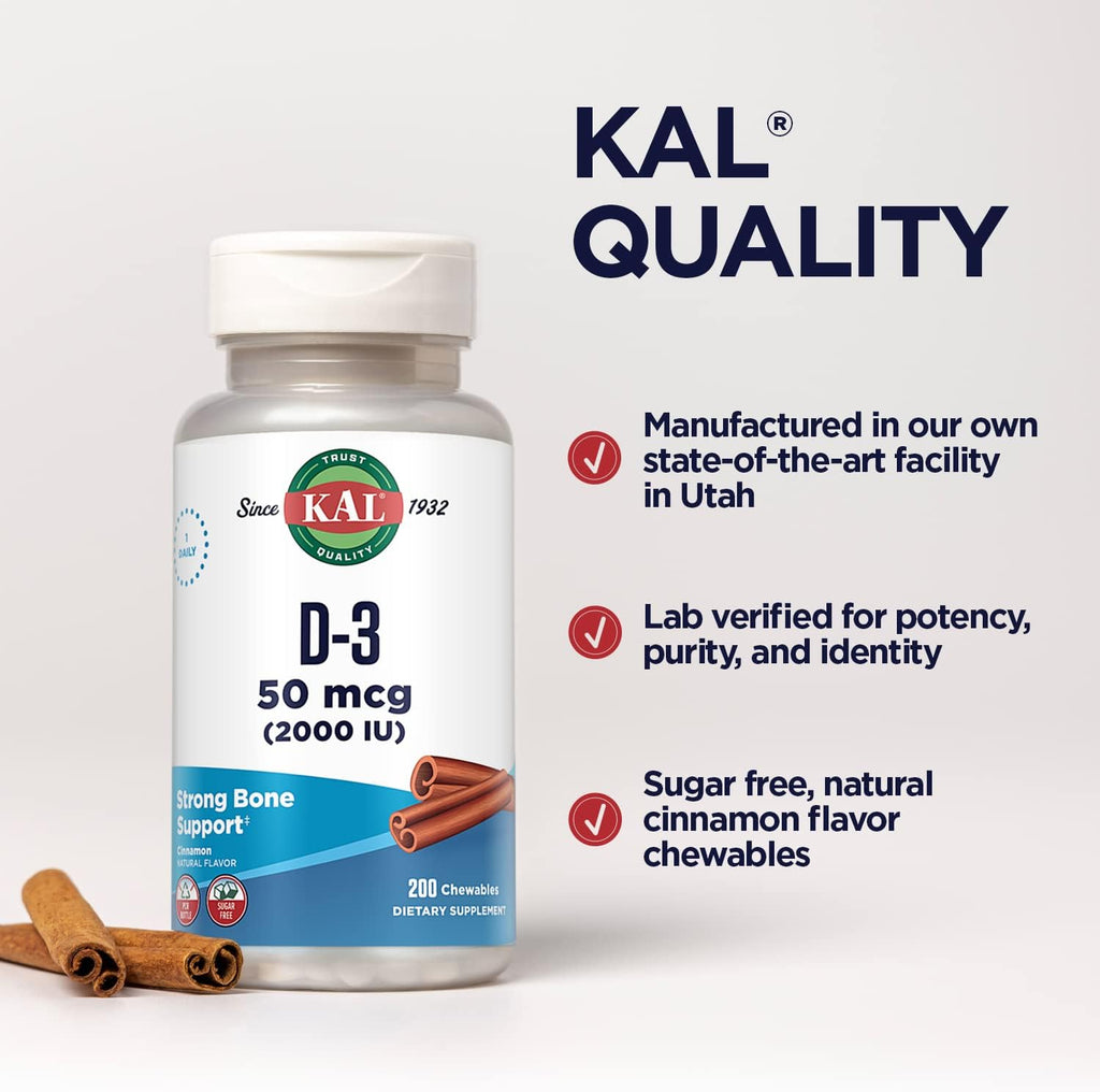 KAL Vitamina D3 Masticable 50 mcg (2000 UI), Sabor Canela Natural, Sin Azúcar, 200 Comprimidos