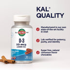 KAL Vitamina D3 Masticable 50 mcg (2000 UI), Sabor Canela Natural, Sin Azúcar, 200 Comprimidos