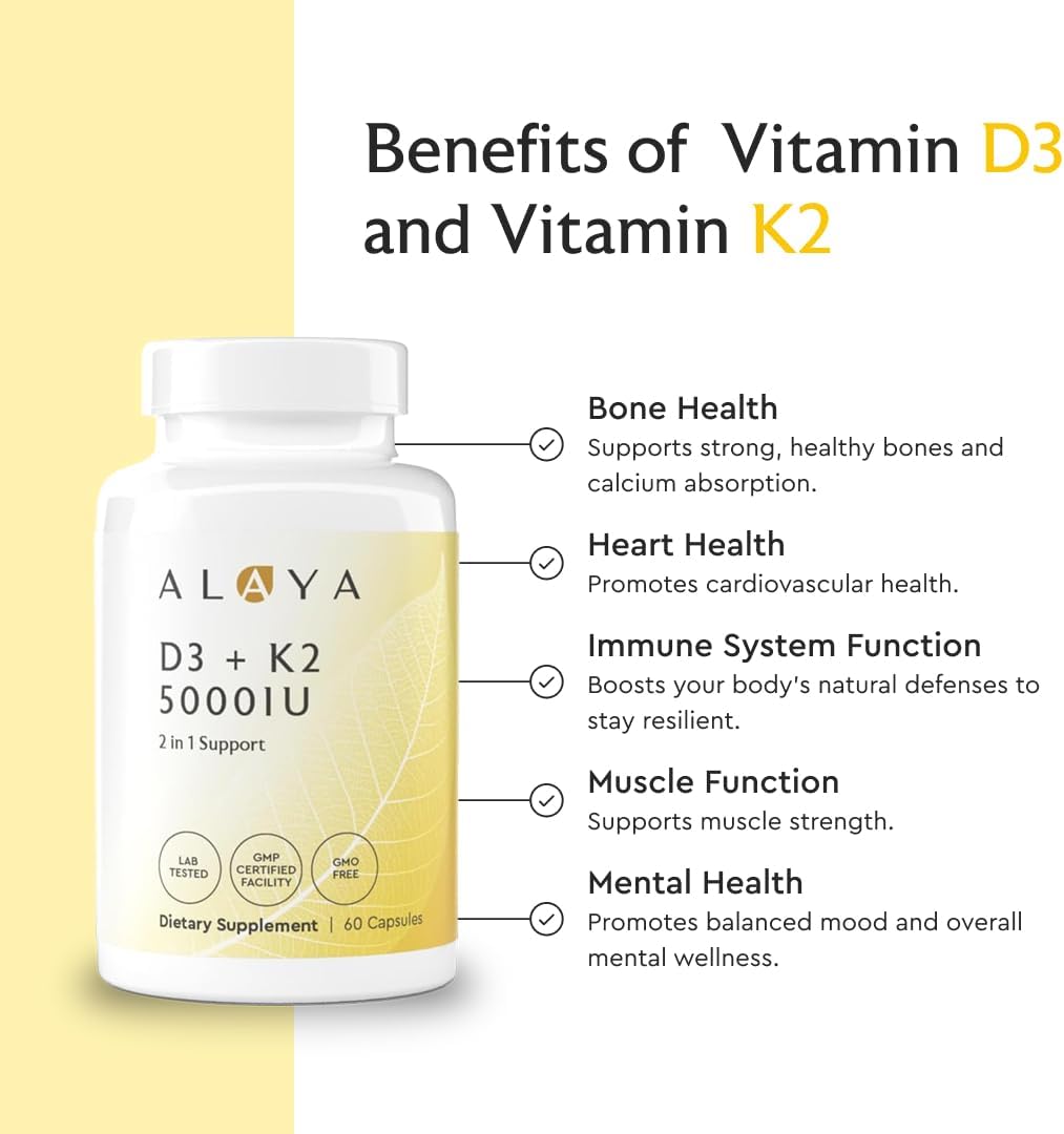 Alaya Naturals Vitamina D3 K2 MK-7 – 5000 IU D3, 50 mcg K1, 15 mcg K2 – 60 Cápsulas Vegetales