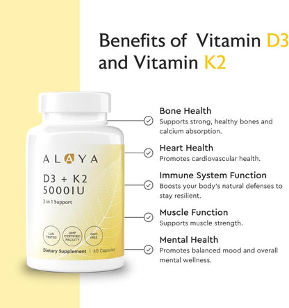 Alaya Naturals Vitamina D3 K2 MK-7 – 5000 IU D3, 50 mcg K1, 15 mcg K2 – 60 Cápsulas Vegetales – Image 4