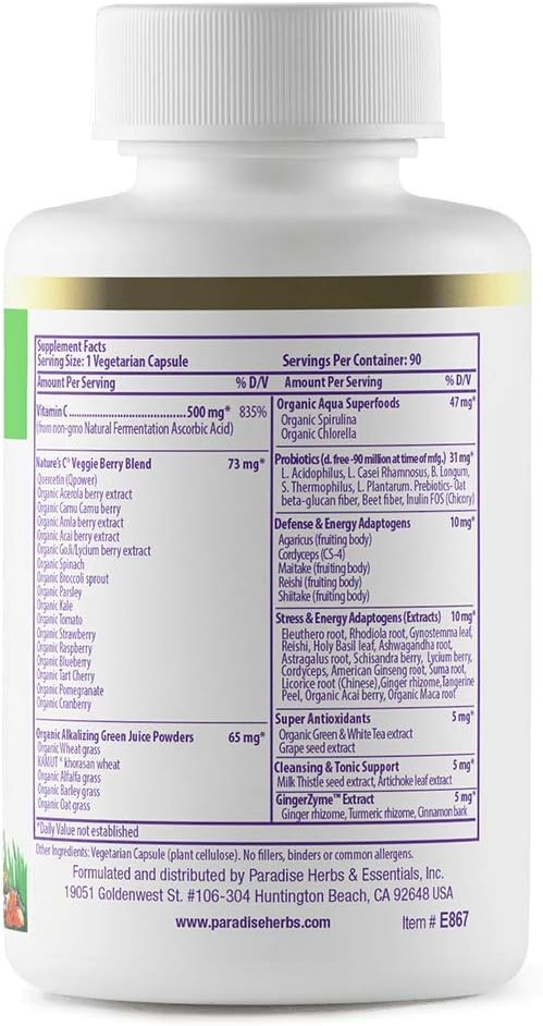 Paradise Herbs Earth's Blend Vitamina C con Adaptógenos y Superalimentos, 90 Cápsulas Vegetales