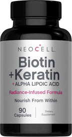 NeoCell Biotin Complex Cabello, Piel y Uñas | 90 Cápsulas | con Péptidos de Queratina Bioactivos y Ácido Alfa Lipoico | Fórmula Radiante