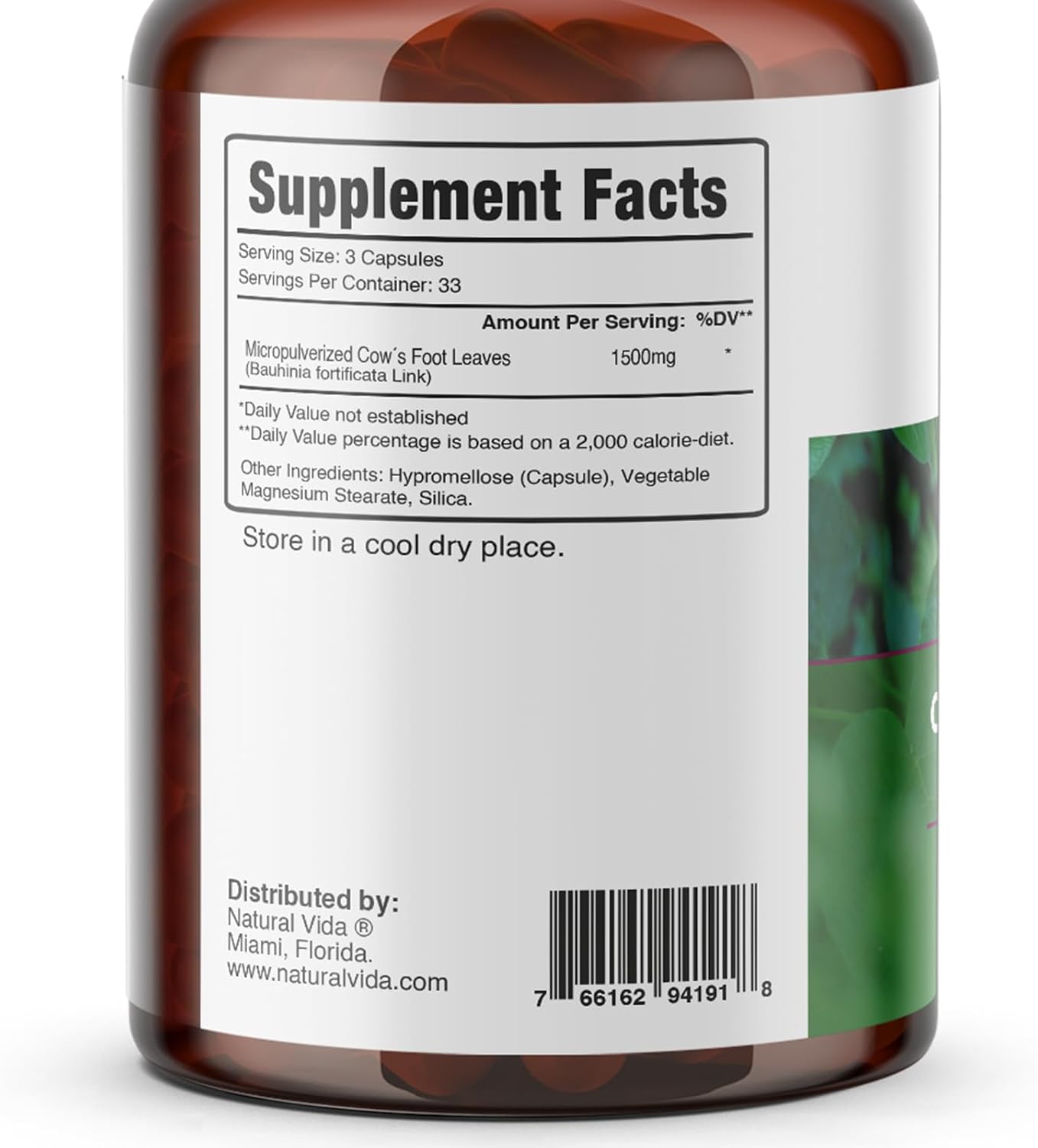 Natural Vida Pata de Vaca – Hojas de Pata de Vaca – 100 Cápsulas Vegetales – 1500mg por Dosis