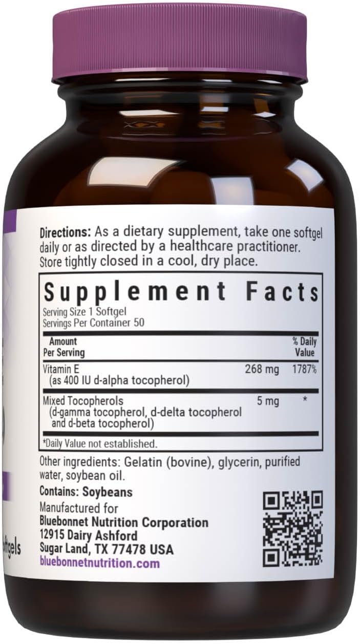 Bluebonnet Nutrition Vitamina E 400 UI (268 mg) con Tocoferoles Mixtos, 50 Cápsulas Blandas