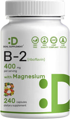 DEAL SUPPLEMENT Vitamina B2 400mg con Magnesio Glicinato 400mg, 240 Cápsulas