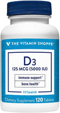 The Vitamin Shoppe Vitamina D3 5000IU – Salud Ósea e Inmunitaria – 120 Cápsulas Blandas