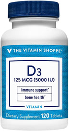 The Vitamin Shoppe Vitamina D3 5000IU – Salud Ósea e Inmunitaria – 120 Cápsulas Blandas