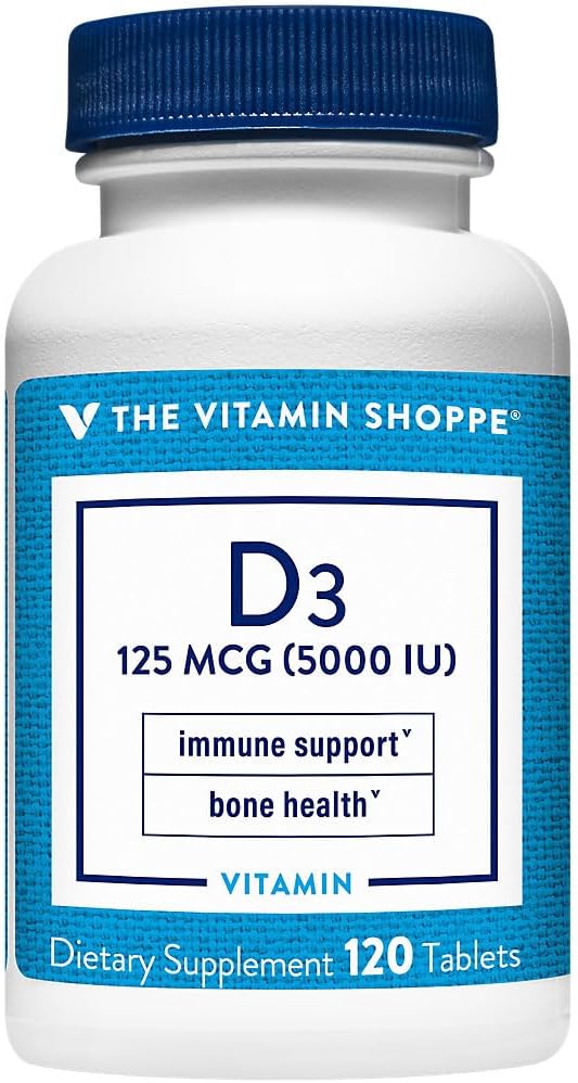 The Vitamin Shoppe Vitamina D3 5000IU – Salud Ósea e Inmunitaria – 120 Cápsulas Blandas