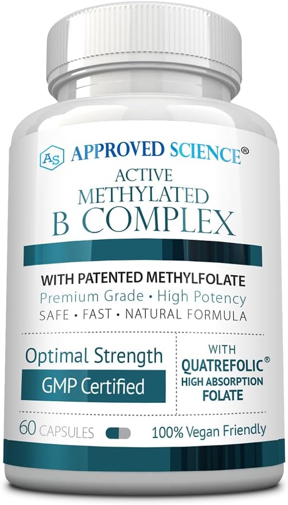 Approved Science Methylated B Complex – Complejo B Metilado Bioactivo con Folato (5-MTHF), Vitamina B12 Metilada, P5P – Apoyo a la Metilación – Colina, Betaína – 60 Cápsulas