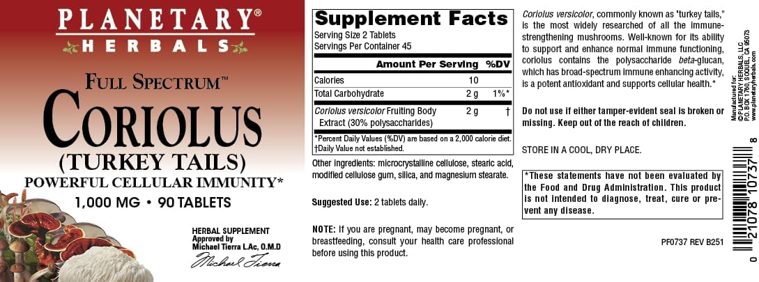 Planetary Herbals Coriolus Full Spectrum 1000mg - 90 Comprimidos