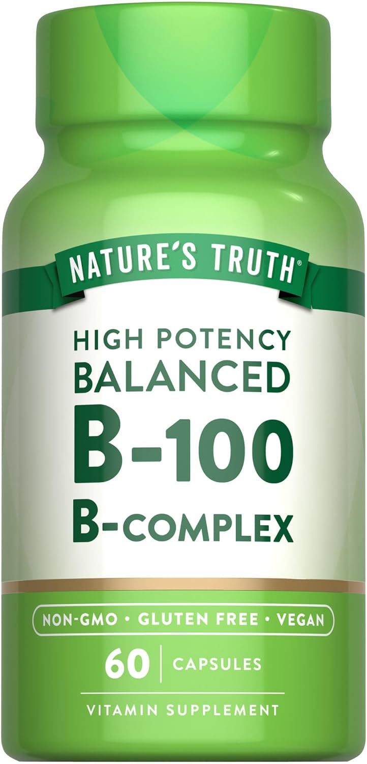 Nature's Truth Complejo B Vitaminas B Completo, 60 Cápsulas, Alta Potencia B-100, Vegano, Sin Gluten