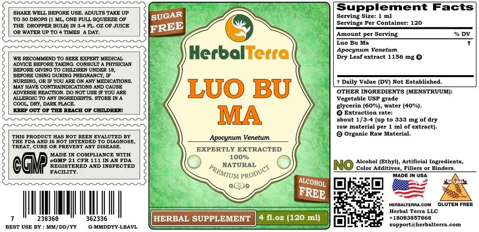 Luo Bu Ma (Apocynum Venetum) Glicerita sin Alcohol - Extracto Líquido para Perros - 120 ml
