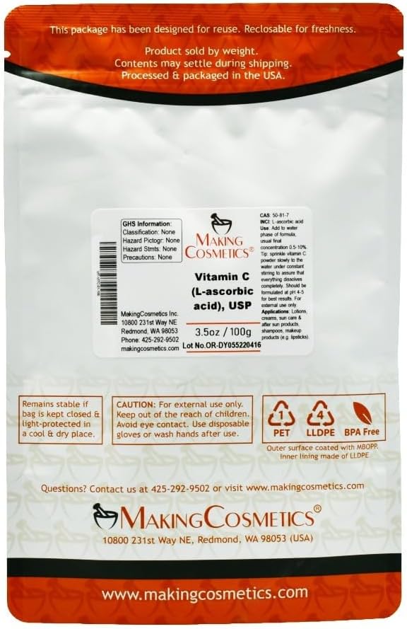 MakingCosmetics - Vitamina C, USP (L-ácido ascórbico) - Ingrediente Cosmético - 100g