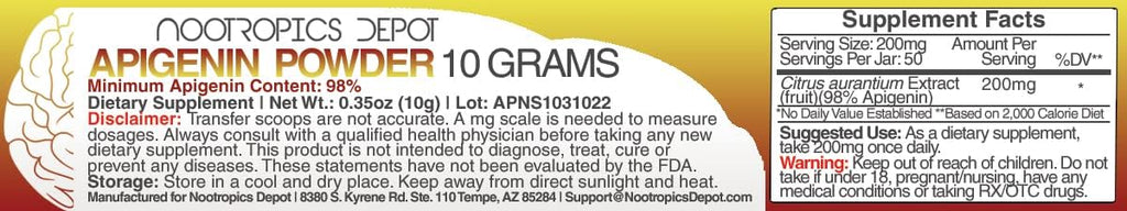 Apigenin Powder | 10 Gramos | 50 Porciones | >98% Apigenina | Nootropics Depot