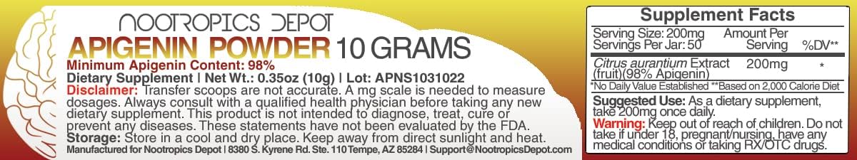 Apigenin Powder | 10 Gramos | 50 Porciones | >98% Apigenina | Nootropics Depot