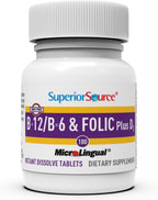 Superior Source No Shot Vitamina B12 Cianocobalamina 1000 mcg con B6, Ácido Fólico y Vitamina D3 1000 UI - 100 Comprimidos Sublinguales
