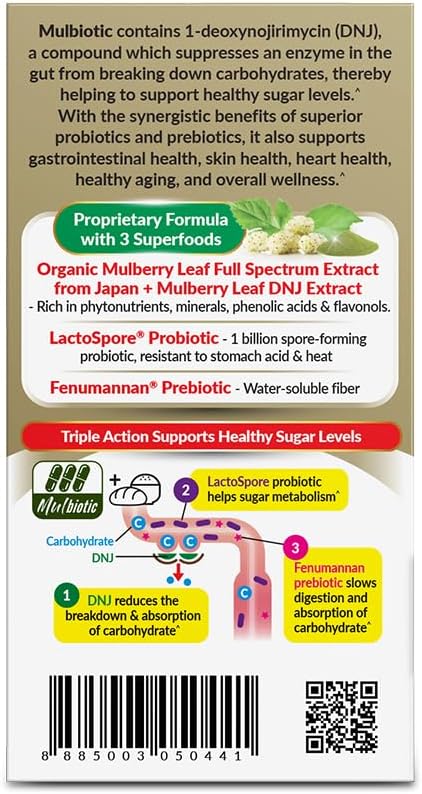LABO Nutrition Mulbiotic Cápsulas - Extracto Orgánico de Hoja de Morera + Probiótico LactoSpore y Prebiótico Fenumannan - Apoyo para Antojos de Carbohidratos, Vegano, Sin Gluten