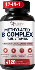 Migcopat Complejo B Metilado 17-en-1, 258,150 mcg Multivitamínico, B12 Metilcobalamina, Metilfolato, Vitamina C, Vitamina D3 K2, CoQ10, Biotina, TMG - 120 Cápsulas