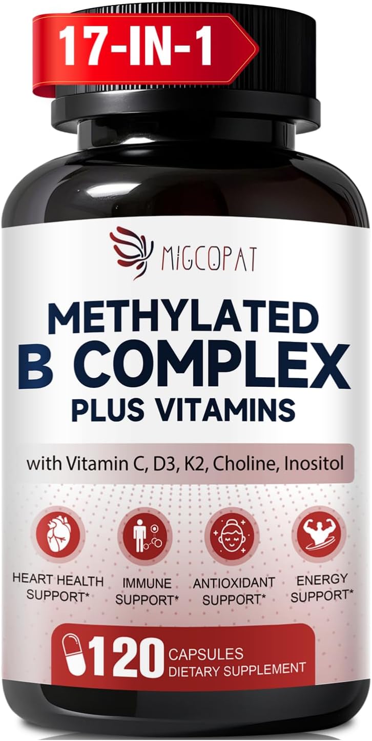 Migcopat Complejo B Metilado 17-en-1, 258,150 mcg Multivitamínico, B12 Metilcobalamina, Metilfolato, Vitamina C, Vitamina D3 K2, CoQ10, Biotina, TMG - 120 Cápsulas