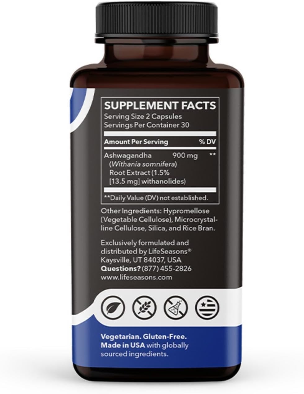 LifeSeasons Essentials Ashwagandha - Apoyo para el Estrés y el Sueño - Mente Calma y Enfocada - 900mg por 2 Cápsulas - 60 Cápsulas