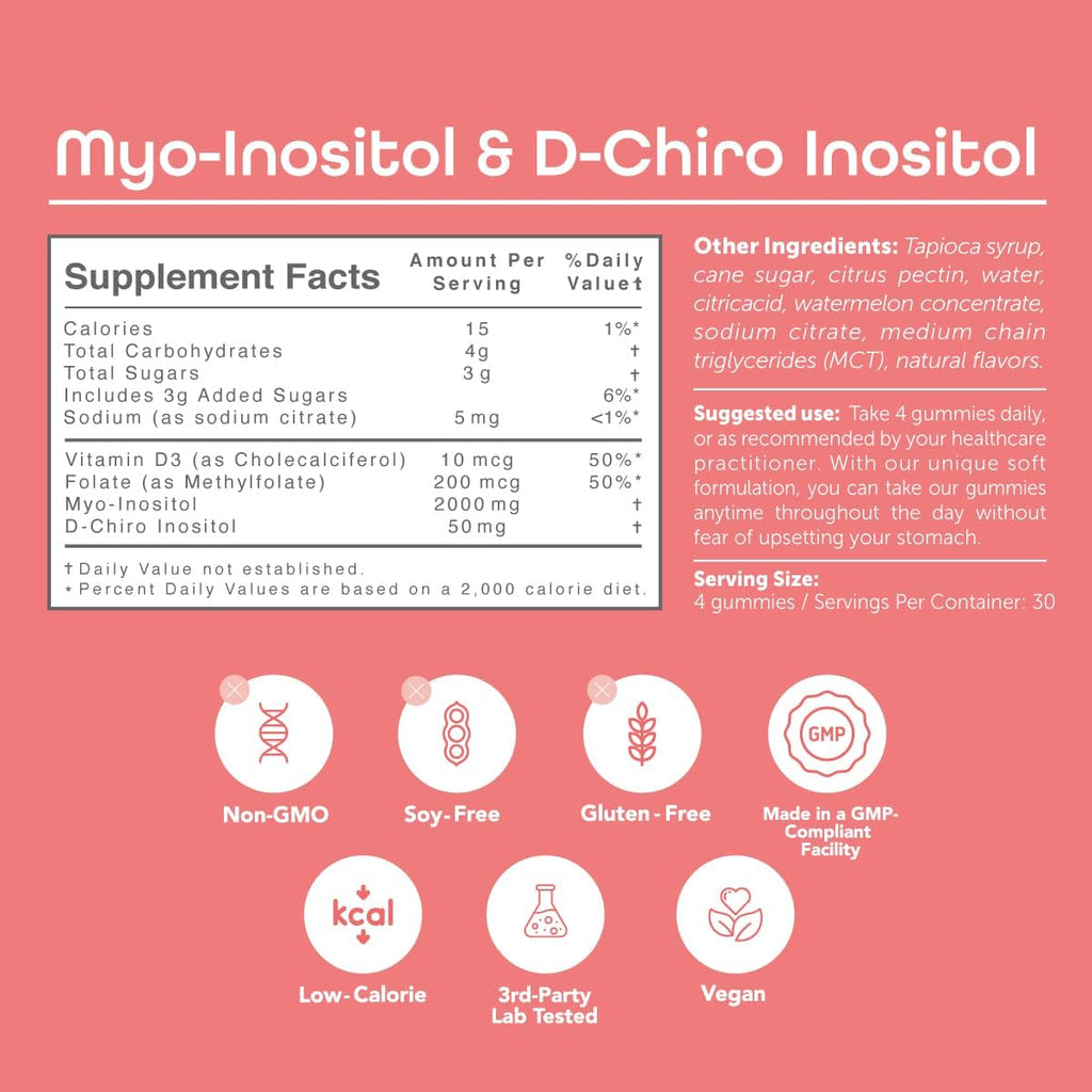 kindnature Myo-Inositol & D-Chiro Inositol Gummies – 2000mg + 50mg, Ratio 40:1, con Vitamina D y Folato, Sabor Sandía, Vegano (120 Gominolas)
