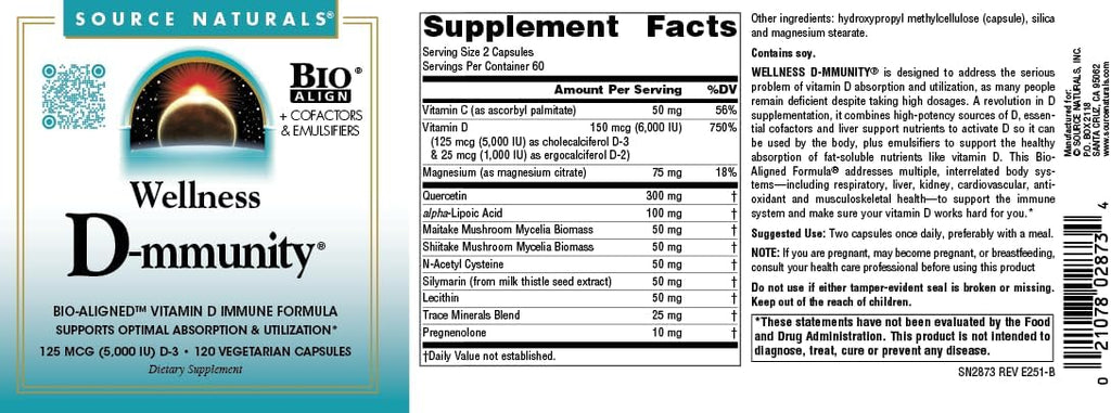 Source Naturals Wellness D-mmunity, Fórmula Inmune de Vitamina D Bio-Alineada, 5000 UI D3 + 1000 UI D2 - 120 Cápsulas Vegetarianas