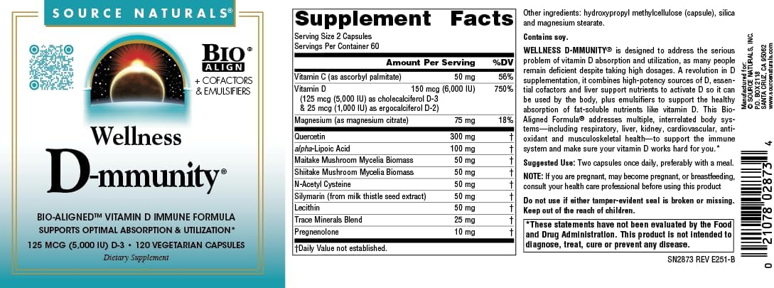 Source Naturals Wellness D-mmunity, Fórmula Inmune de Vitamina D Bio-Alineada, 5000 UI D3 + 1000 UI D2 - 120 Cápsulas Vegetarianas