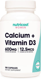 Nutricost Calcio (600 mg) + Vitamina D3 (12.5 mcg) - 180 Cápsulas, Vegano, Sin Gluten