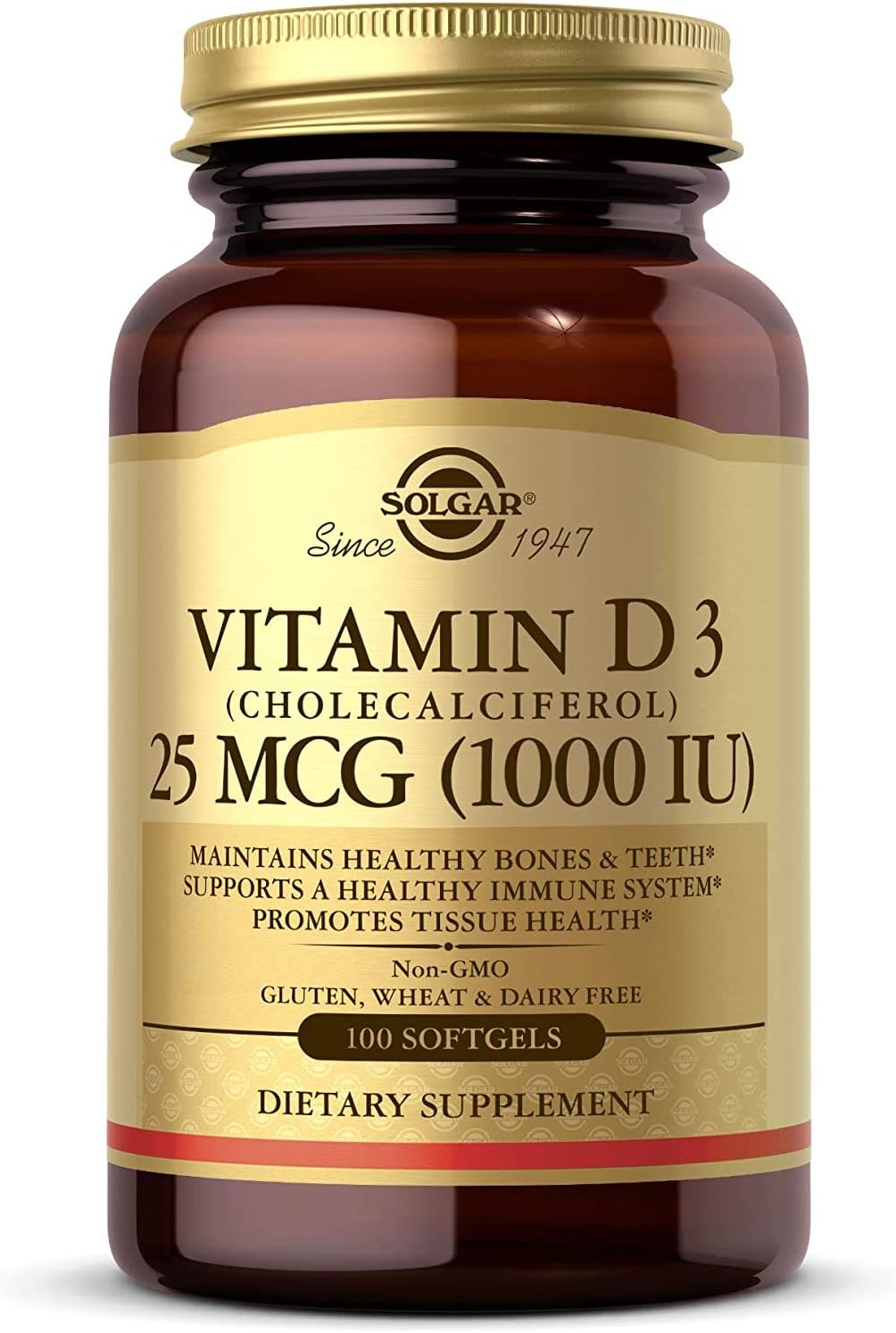 Solgar Vitamina D3 (Colecalciferol) 25 mcg (1000 UI), 100 Cápsulas Blandas