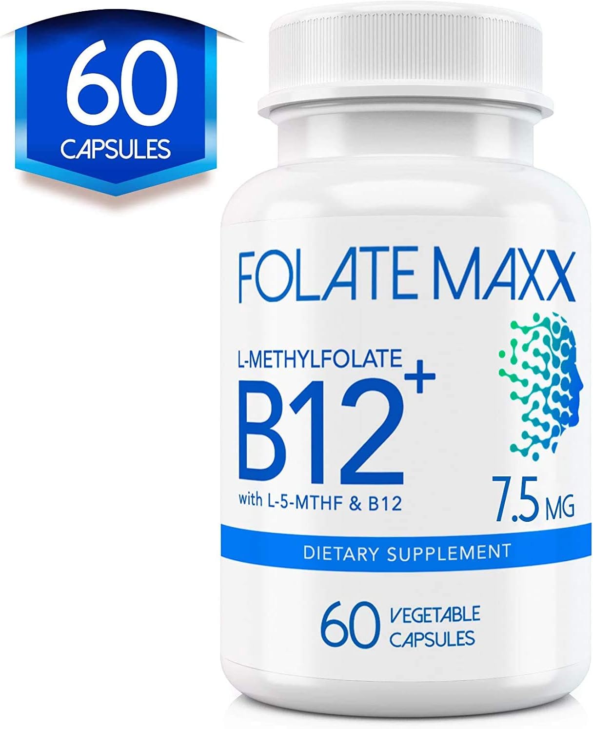 L-Methylfolate 7.5mg con B12 Metil - 60 Cápsulas - 5-MTHF con B12 Metilcobalamina para el Estado de Ánimo, Metilación y Cognición - Formas Bioactivas de Vitamina B9 y B12 - Suministro para 2 Meses