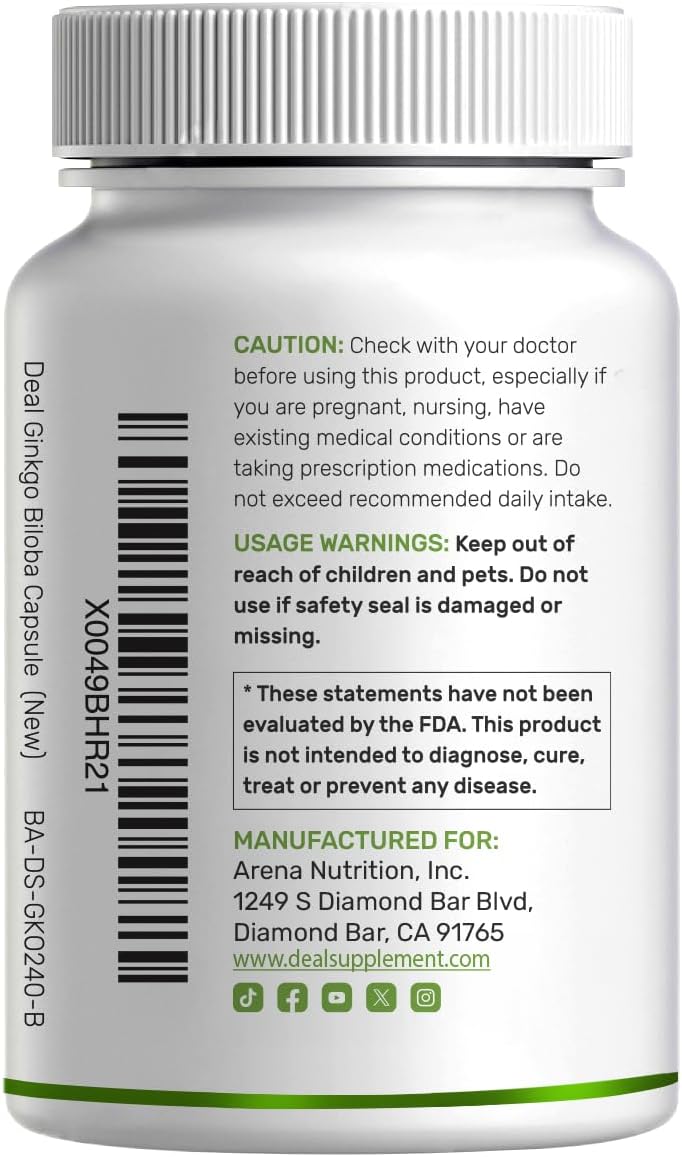 DEAL SUPPLEMENT Ginkgo Biloba 500mg - 240 Cápsulas - 4 Meses de Suministro