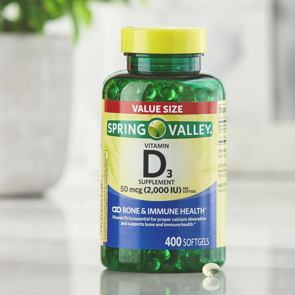 Spring Valley Vitamina D3 50 mcg (2.000 UI) - 400 Cápsulas Blandas + Pastillero Semanal
